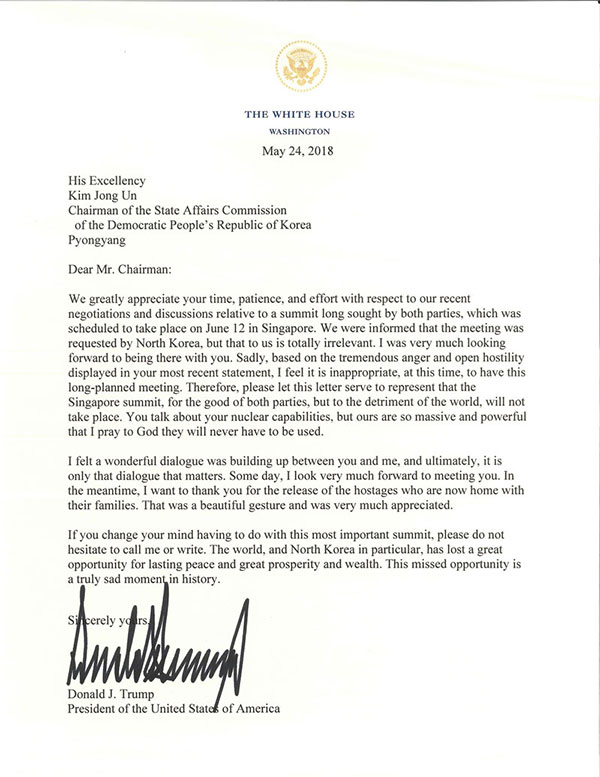 Trump Cancels June’s Singapore Summit in Letter to Kim Jong Un